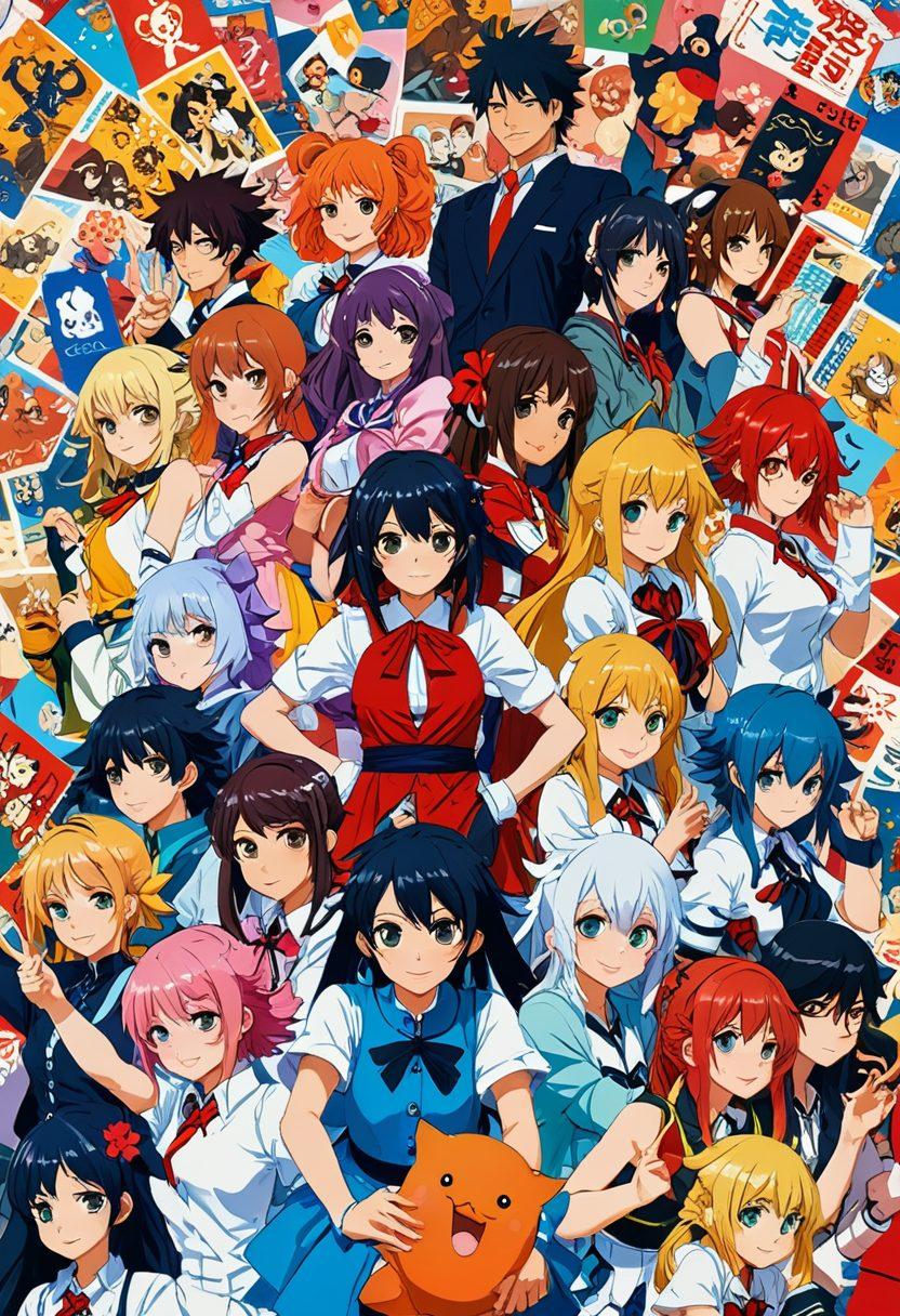 A vibrant scene depicting a diverse group of animated characters in playful poses, showcasing elements of otaku culture like anime posters, manga books, and cosplay costumes. The characters should have expressive faces, capturing a blend of charm and allure, set in a colorful, dynamic environment. Include hints of surrealism with exaggerated expressions and whimsical backgrounds to evoke the essence of ecchi aesthetics. super-realistic. vibrant colors. anime style.