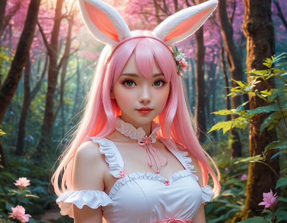 A whimsical, enchanting scene featuring an alluring bunny girl in a vibrant anime style, surrounded by a dreamlike forest filled with playful lights and soft pastel colors. She should be wearing a classic bunny outfit with playful accessories, exuding confidence and charm. In the background, hints of anime elements and subtle erotic undertones can be blended into a captivating ambiance. The overall composition should be both inviting and mysterious, evoking curiosity. vibrant colors. anime art style. dreamy atmosphere.