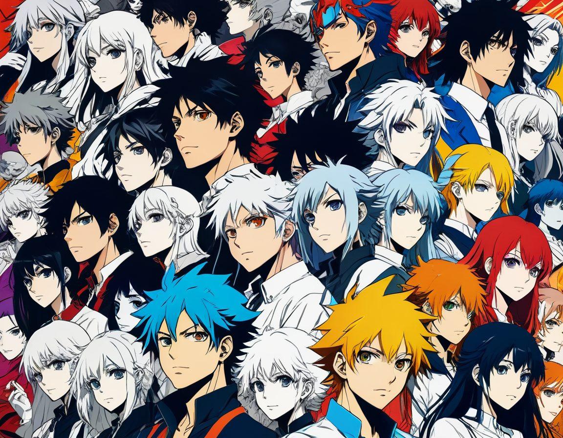 A dynamic composition featuring a collage of various anime styles showing the evolution from traditional manga art to modern anime. Include characters with adult themes such as complex emotions and relationships, displayed through expressive facial features. The background should depict a timeline with iconic anime scenes, blending both black and white manga art with vibrant, colorful contemporary styles. Use a dramatic contrast to highlight the progression, and infuse elements of both classic and modern aesthetics. super-realistic. vibrant colors. 3D.